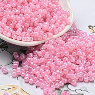 Glass Seed Beads, Opaque Colours Luster, Peanut, Pink, 6x3x3mm, Hole: 1.2mm, about 4000pcs/pound(SEED-K009-02B-15)