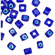 Handmade Evil Eye Lampwork European Beads, Large Hole Beads, Cube, Blue, 8~9x9~10x9~10mm, 25pcs/box(LAMP-NB0001-70A)