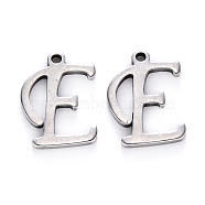 201 Stainless Steel Charms, Laser Cut, Stainless Steel Color, Letter.E, 12.5x9.5x1mm, Hole: 1mm(STAS-R105-E)
