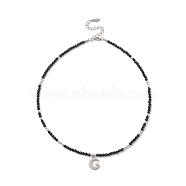 Clear Cubic Zirconia Moon Pendant Necklace with Natural Black Onyx Beaded Chains for Women, 16.02 inch(40.7cm), Pendant: 15x12x2mm(NJEW-JN04271-01)
