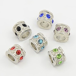 Alloy European Beads, with Rhinestone Beads, Large Hole Beads, Column, Platinum Metal Color, Mixed Color, 8x10x2mm, Hole: 5mm(RB-H032)
