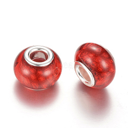 Resin European Beads, Large Hole Beads, with Silver Color Plated Brass Cores, Rondelle, Red, 14x9~9.5mm, Hole: 5mm(RPDL-R009-06)