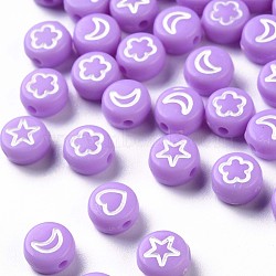 Opaque Acrylic Beads, Flat Round with White Heart & Flower & Moon & Star, Lilac, 7x4mm, Hole: 1.6mm(MACR-N008-40B)