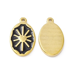 Enamel Pendants, with Golden Plated 304 Stainless Steel Findings, Oval with Sun, Black, 23.5x14x2.5mm, Hole: 1.6mm(FIND-I021-01F)