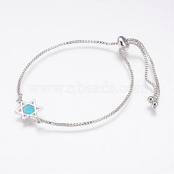 Long-Lasting Plated Adjustable Brass Slider Bracelets, Bolo Bracelets, with Synthetic Opal, for Jewish, Star of David, Platinum, 9-1/4 inch(235mm)(BJEW-P165-15E)