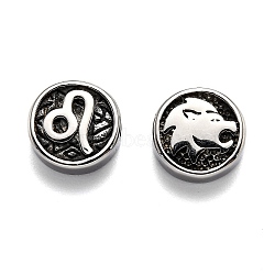 304 Stainless Steel Beads, Flat Round with Twelve Constellations, Antique Silver, Leo, 10x4mm, Hole: 1.8mm(STAS-H156-01F)