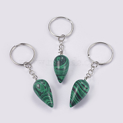 Synthetic Malachite Keychain, with Iron Key Rings, Platinum, teardrop, 80.5mm, Pendant: 33.5x15.5mm(KEYC-P041-B05)