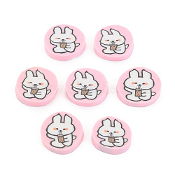 Handmade Polymer Clay Cabochons, Flat Round with Rabbit, Pink, 9.5~11.5x2mm, about 4300pcs/1000g(CLAY-N006-124)