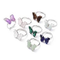 Natural & Synthetic Mixed Gemstone Butterfly Adjustable Rings, Platinum Brass Jewelry for Women, Cadmium Free & Lead Free, US Size 6 1/2(16.9mm)(RJEW-K246-01P)