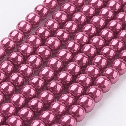 Eco-Friendly Dyed Glass Pearl Round Beads Strands, Grade A, Cotton Cord Threaded, Cerise, 4~4.5mm, Hole: 0.7~1.1mm, about 104pcs/strand, 15 inch(HY-A002-4mm-RB027)