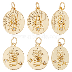 10Pcs 2 Style Rack Plating Brass Cler Cubic Zirconia Pendants, Flat Round with Spider & Snake Pattern, Real 18K Gold Plated, 17.5x13.5x3.5mm, Hole: 3.6mm, 5pcs/style(KK-BBC0004-60)