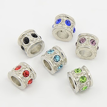 Alloy European Beads, with Rhinestone Beads, Large Hole Beads, Column, Platinum Metal Color, Mixed Color, 8x10x2mm, Hole: 5mm
