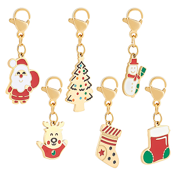 6Pcs 6 Styles Christmas Theme 316 Surgical Stainless Steel Enamel Pendant Decorations, Lobster Clasps Charms, for Keychain, Purse, Backpack Ornament, Mixed Color, 26~34mm, 1pc/style