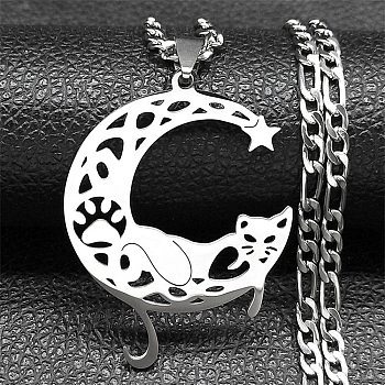 304 Stainless Steel Necklaces, Cat with Moon Pendant Necklaces, Stainless Steel Color, 20.20 inch(51.3cm)