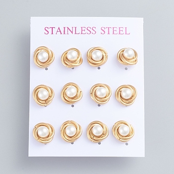 304 Stainless Steel Stud Earrings, Love Knot Earrings, with Plastic Imitation Pearl Beads and Ear Nuts, Golden, 11mm, Pin: 0.7mm, 6pairs/card
