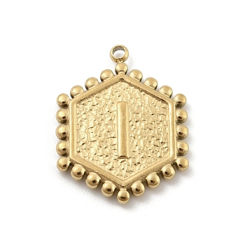 201 Stainless Steel Pendants, Golden, Hexagon with Letter Charm, Letter I, 21x16.5x2mm, Hole: 1.5mm