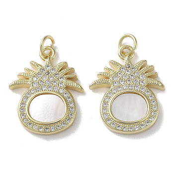 Brass Micro Pave Cubic Zirconia Pendants, with Shell, Real 18K Gold Plated, Pineapple, 20.5x16.5x3mm, Hole: 3mm