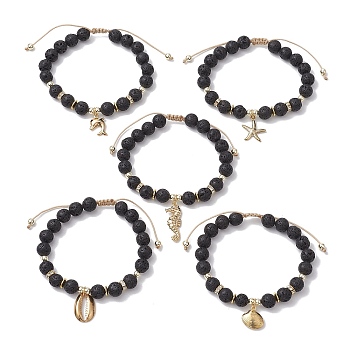 Adjustable Natural Lava Rock Braided Bead Bracelets, Ocean Theme Golden Tone 304 Stainless Steel Charm Bracelets for Women, Mixed Shapes, 3/8 inch(0.88cm), Inner Diameter: 2~2-7/8 inch(5~7.2cm) 