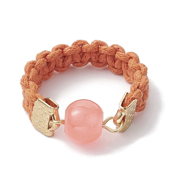 Glass Round Ball Braided Bead Style Finger Ring, with Waxed Cotton Cords, Light Salmon, Inner Diameter: 18mm