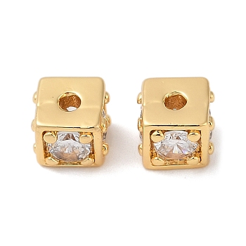 Brass Cubic Zirconia Beads, Square, Real 18K Gold Plated, Clear, 4.5x5.5x5.5mm, Hole: 1.2mm