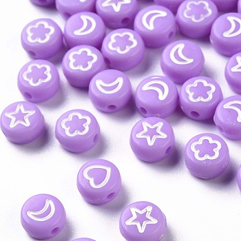Opaque Acrylic Beads, Flat Round with White Heart & Flower & Moon & Star, Lilac, 7x4mm, Hole: 1.6mm