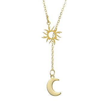 304 Stainless Steel Moon & Sun Lariat Necklace, with Brass Cable Chains, Golden, 23.62 inch(60cm)
