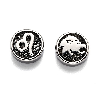 304 Stainless Steel Beads, Flat Round with Twelve Constellations, Antique Silver, Leo, 10x4mm, Hole: 1.8mm
