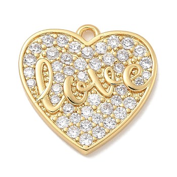 Rack Plating Brass Micro Pave Cubic Zirconia Pendants, Long-Lasting Plated, Lead Free & Cadmium Free, Heart Charms, Real 18K Gold Plated, 15x15.5x1.7mm, Hole: 1.5mm