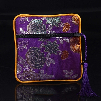 Square Chinese Style Cloth Tassel Bags, with Zipper, for Bracelet, Necklace, Purple, 11.5x11.5cm