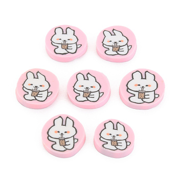 Handmade Polymer Clay Cabochons, Flat Round with Rabbit, Pink, 9.5~11.5x2mm, about 4300pcs/1000g