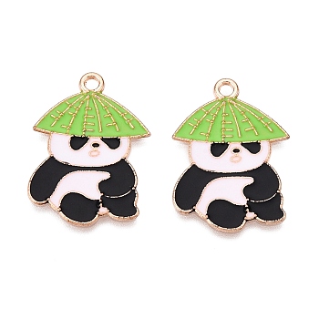 Panda Theme Alloy Enamel Pendants, Light Gold, Lead Free & Cadmium Free, Green Yellow, 27.5x19.5x1mm, Hole: 1.8mm