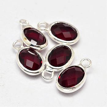Oval Faceted Silver Color Plated Brass Glass Charms, Dark Red, 12x7x3.5mm, Hole: 1mm