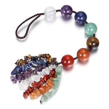 Gemstone Beads Big Pendant Decorations, with Chakra Theme Gemstone Chip Beads Tassel, Colorful, 25~26cm