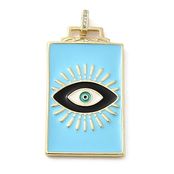 Brass Micro Pave Cubic Zirconia Pendant with Enamel, Rectangle, Deep Sky Blue, 45.5x25.5x2.5mm, Hole: 4.5mm