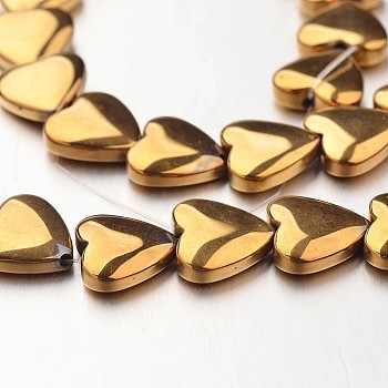 Electroplate Non-magnetic Synthetic Hematite Bead Strands, Heart, Golden Plated, 10x10x3mm, Hole: 1mm, about 44pcs/strand, 15.7 inch