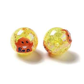 AB Color Transparent Crackle Acrylic Round Beads, Halloween Ghost Beads, with Enamel, Gold, 19.5x20.5mm, Hole: 3mm