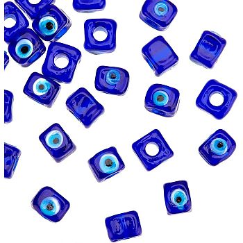 Handmade Evil Eye Lampwork European Beads, Large Hole Beads, Cube, Blue, 8~9x9~10x9~10mm, 25pcs/box