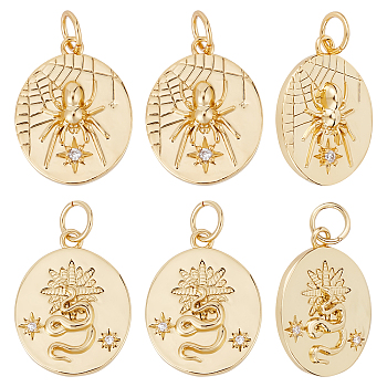 10Pcs 2 Style Rack Plating Brass Cler Cubic Zirconia Pendants, Flat Round with Spider & Snake Pattern, Real 18K Gold Plated, 17.5x13.5x3.5mm, Hole: 3.6mm, 5pcs/style