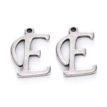 201 Stainless Steel Charms, Laser Cut, Stainless Steel Color, Letter.E, 12.5x9.5x1mm, Hole: 1mm