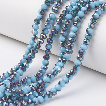 Electroplate Opaque Glass Beads Strands, Half Multi-color Plated, Faceted, Rondelle, Light Sky Blue, 6x5mm, Hole: 1mm, about 83~85pcs/strand, 38~39cm