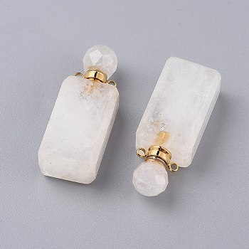 Faceted Natural Quartz Crystal Openable Perfume Bottle Pendants, Rock Crystal, with 304 Stainless Steel Findings, Cuboid, Golden, 42~45x16.5~17x11mm, Hole: 1.8mm, Bottle Capacity: 1ml(0.034 fl. oz)