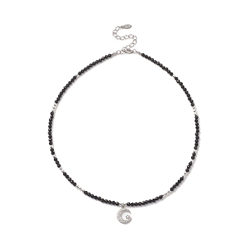 Clear Cubic Zirconia Moon Pendant Necklace with Natural Black Onyx Beaded Chains for Women, 16.02 inch(40.7cm), Pendant: 15x12x2mm