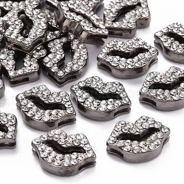 Alloy Crystal Rhinestone Slide Charms, Cadmium Free & Lead Free, Lip Shape, Gunmetal, 17x12x4.5mm, Hole: 1.5x8mm(RSB475-4B-RS)