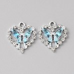 Platinum Alloy Rhinestone Pendants, with Resin, Heart with Butterfly Charms, Sky Blue, 22x20x4~4.5mm, Hole: 2.5mm(FIND-TAC0008-69P-01)