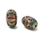 Handmade Tibetan Style Beads, Brass Beads, with Dyed Synthetic Turquoise, Oval, Antique Golden, Colorful, 25x15mm, Hole: 1.8~2mm(KK-H075-01AG-02A)