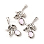 Glass Pendants, Leaf, with Alloy Findings, Rack Plating, Lead Free & Cadmium Free & Nickel Free, Pink, Platinum, 31~31.5x17x5mm, Hole: 1.6mm(FIND-H015-01P-02)