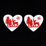 Christmas Theme Spray Painted Wood Pendants, Single-Sided Printed, Heart with Reindeer/Stag & Tree & Snowflake, White, 48x50x2.5mm, Hole: 2mm(WOOD-N005-55A)
