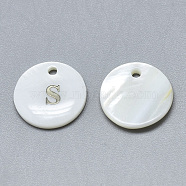 Natural White Shell Mother of Pearl Shell Charms, with Iron Sticker, Flat Round with Letter, Letter.S, 13x2mm, Hole: 1.5mm(X-SSHEL-N036-053S)