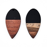 Opaque Resin & Walnut Wood Pendants, Teardrop Shape Charm, Black, 38x18x3mm, Hole: 2mm(RESI-N025-031-B01)