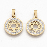 201 Stainless Steel Pendants, with Random Size Snap On Bails and Polymer Clay Crystal Rhinestones, for Jewish, Flat Round with Star of David, Golden, 23x20x2.5mm, Hole: 8~10x3~5mm(STAS-N089-29G)